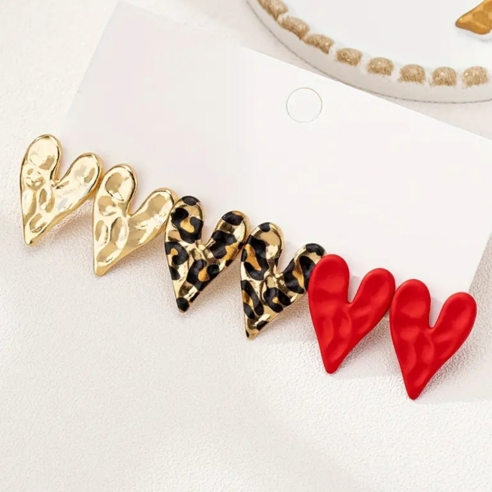 NEW! 3-Pair Heart Stud Earrings – Leopard, Red, Gold